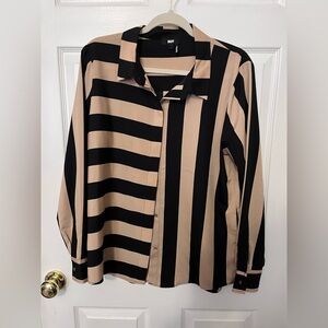 DKNY Women's Button Down Shirt with Black and Tan Stripes